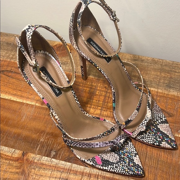 BCBG BCBGMAXAZRIA AVERY Multicolor SNAKE LEATHER HIGH HEEL SANDALS, Women’s 8.5 - Picture 2 of 6